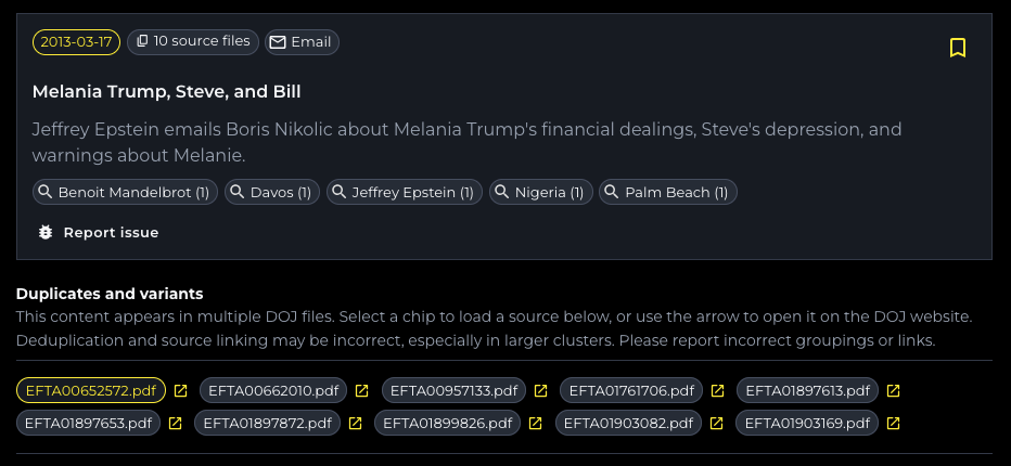 Screenshot of the Cover-Up Epstein Files search showing 10 duplicate or variant DOJ files associated with one record.